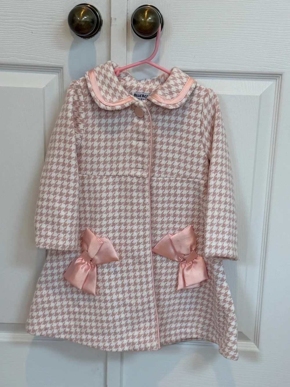 Blueberi Boulevard Pink Houndstooth Coat with Satin Bows